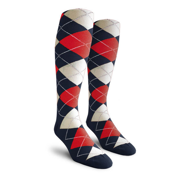 Golf Knickers: Ladies Over-The-Calf Argyle Socks - Navy/Red/White