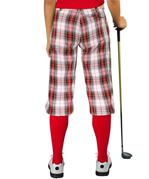 white, maroon, navy plaid golf knickers