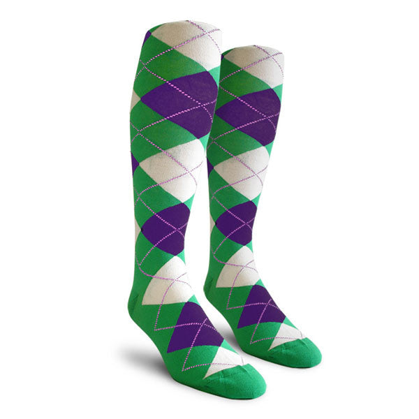 Golf Knickers: Ladies Over-The-Calf Argyle Socks - Lime/Purple/White
