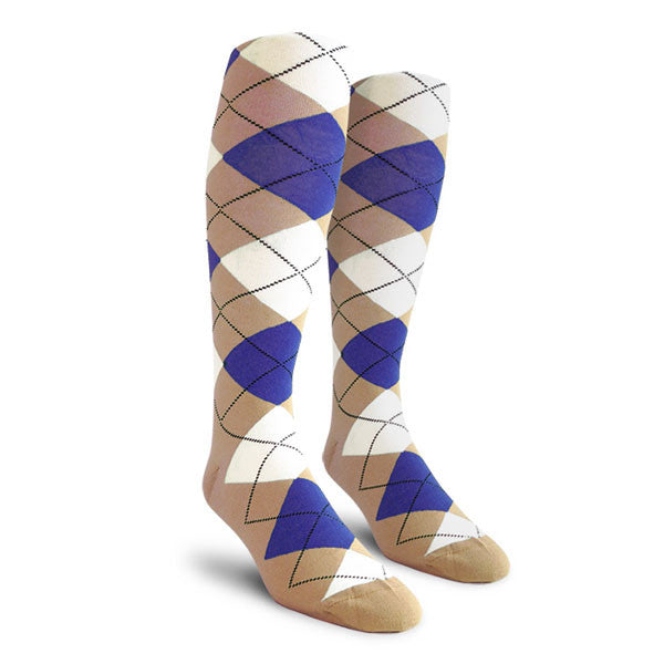 Golf Knickers: Men's Over-The-Calf Argyle Socks - Khaki/Royal/White