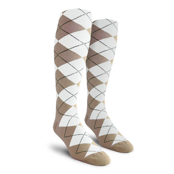 Golf Knickers: Ladies Over-The-Calf Argyle Socks - Taupe/White