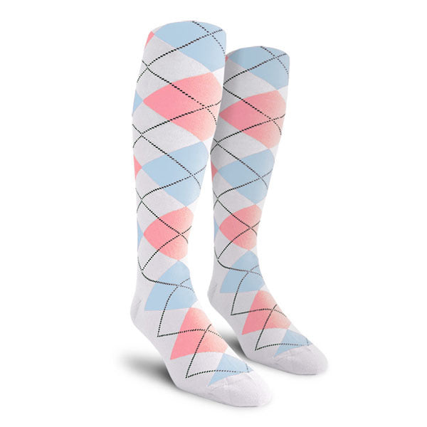 Golf Knickers: Men's Over-The-Calf Argyle Socks - White/Pink/Light Blue
