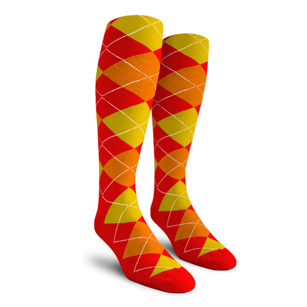 Golf Knickers: Ladies Over-The-Calf Argyle Socks - Red/Orange/Yellow