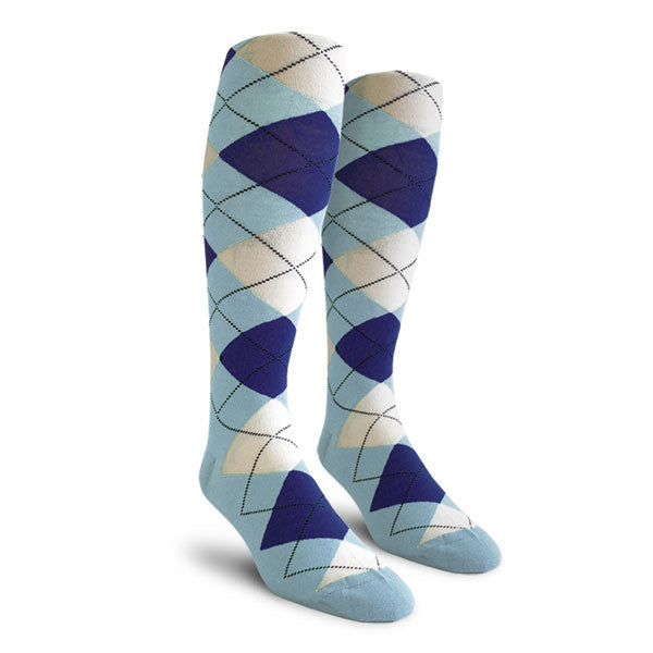 Golf Knickers: Ladies Over-The-Calf Argyle Socks - Light Blue/Royal/White