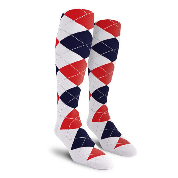 Golf Knickers: Ladies Over-The-Calf Argyle Socks - White/Navy/Red
