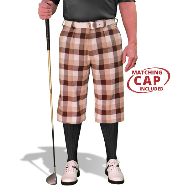 brown, white, khaki plaid golf knickers