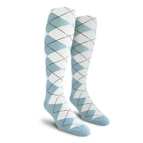 Golf Knickers: Ladies Over-The-Calf Argyle Socks - Light Blue/White