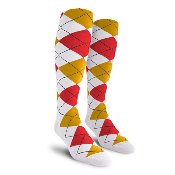 Over Calf Argyle Socks White Gold Red