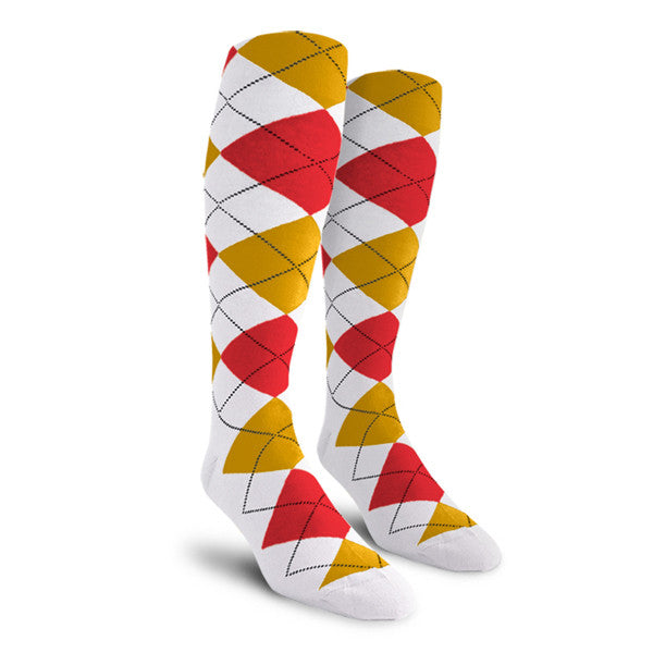 Golf Knickers: Men's Over-The-Calf Argyle Socks - White/Gold/Red