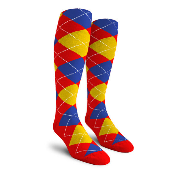 Golf Knickers: Ladies Over-The-Calf Argyle Socks - Red/Yellow/Royal