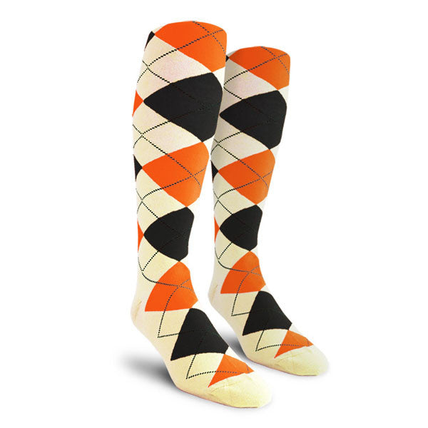 Golf Knickers: Ladies Over-The-Calf Argyle Socks - Natural/Black/Orange