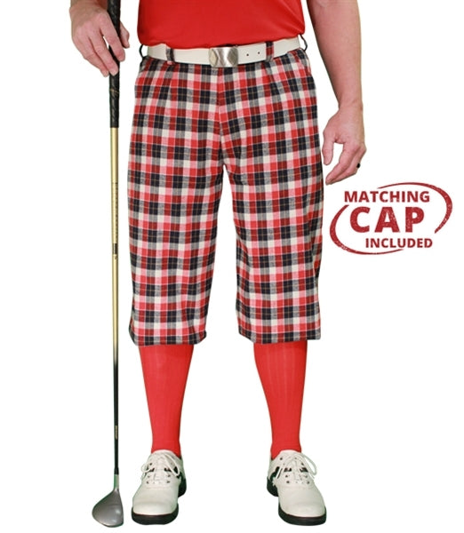 red, navy, white plaid golf knicker