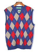 Golf Knickers: Men's Argyle Sweater Vest - Royal/Taupe/Red Clothing
