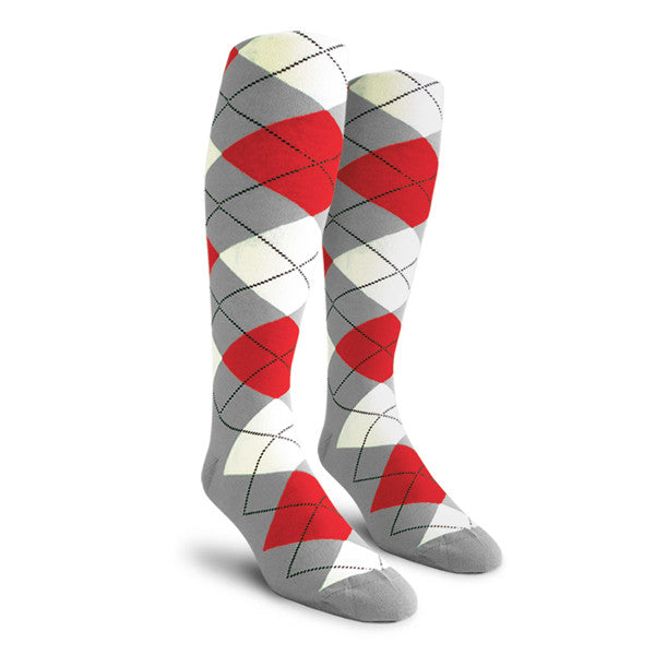 Golf Knickers: Men's Over-The-Calf Argyle Socks - Taupe/Red/White