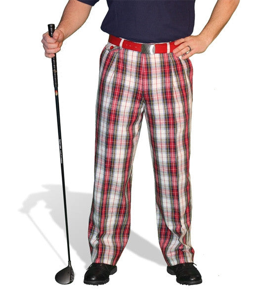 white, maroon, navy plaid golf knickers