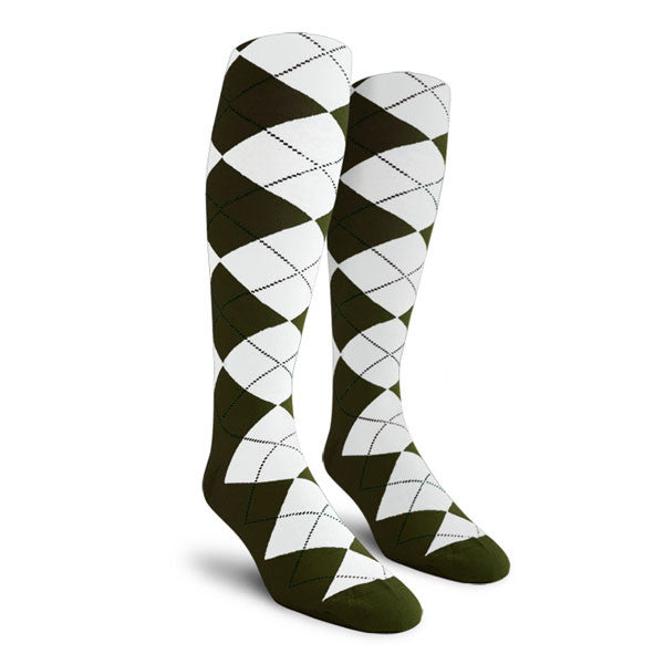 Golf Knickers: Ladies Over-The-Calf Argyle Socks - Olive/White Socks