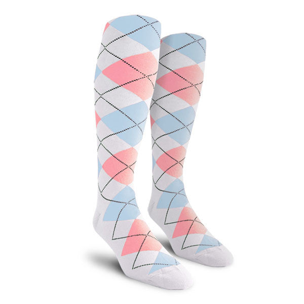 Golf Knickers: Ladies Over-The-Calf Argyle Socks - White/Pink/Light Blue