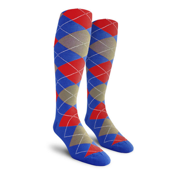 Golf Knickers: Men's Over-The-Calf Argyle Socks - Royal/Taupe/Red