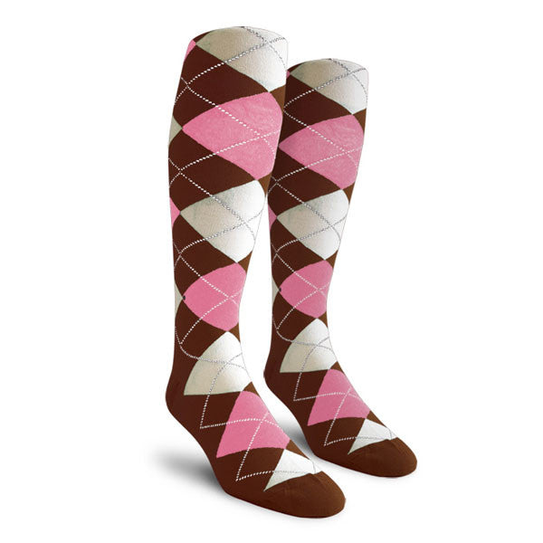 Golf Knickers: Ladies Over-The-Calf Argyle Socks - Brown/Pink/White