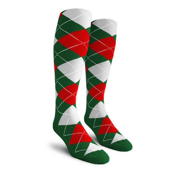 Golf Knickers: Ladies Over-The-Calf Argyle Socks - Dark Green/Red/White