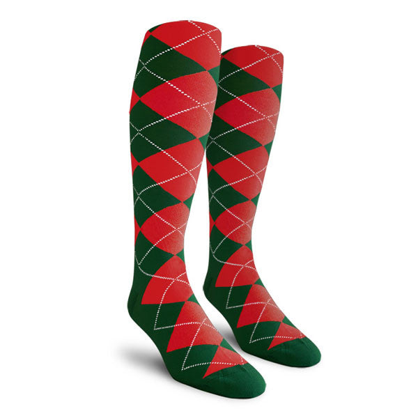 Golf Knickers: Ladies Over-The-Calf Argyle Socks - Dark Green/Red