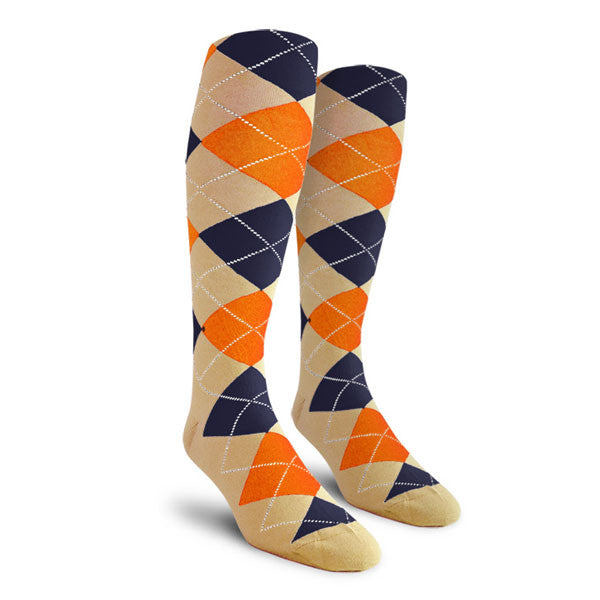 Golf Knickers: Ladies Over-The-Calf Argyle Socks - Khaki/Orange/Navy