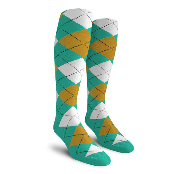 Golf Knickers: Ladies Over-The-Calf Argyle Socks - Teal/Bronze/White
