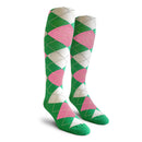 Golf Knickers: Ladies Over-The-Calf Argyle Socks - Lime/Pink/White Socks