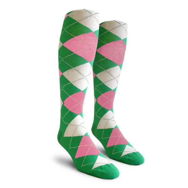 Golf Knickers: Ladies Over-The-Calf Argyle Socks - Lime/Pink/White