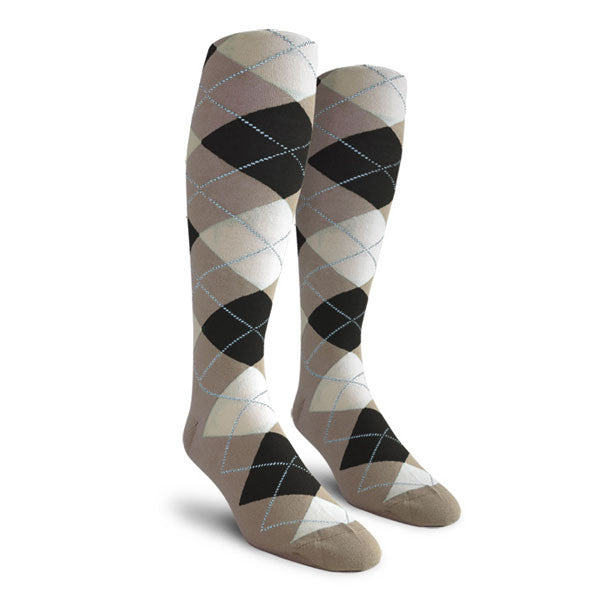 Golf Knickers: Ladies Over-The-Calf Argyle Socks - Taupe/Black/White Socks