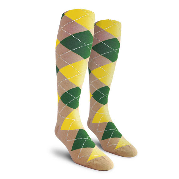 Golf Knickers: Ladies Over-The-Calf Argyle Socks - Khaki/Dark Green/Yellow