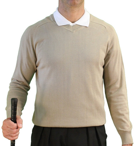 Golf Knickers: Men's Long Sleeve Solid Sweater - Khaki