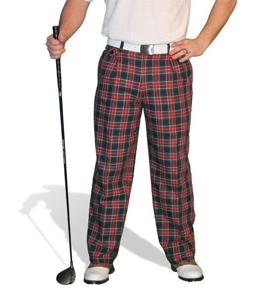navy, maroon, white golf trousers 