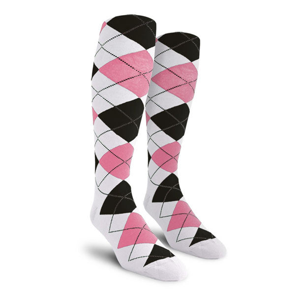 Golf Knickers: Ladies Over-The-Calf Argyle Socks - White/Pink/Black