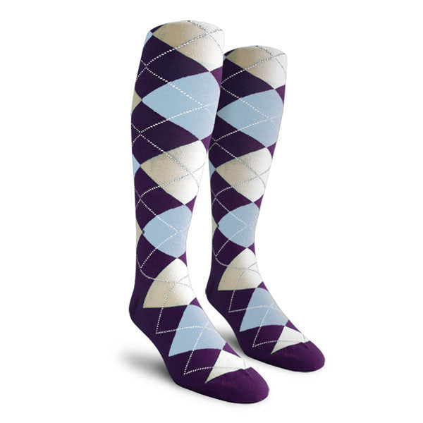 Golf Knickers: Ladies Over-The-Calf Argyle Socks - Purple/Light Blue/White