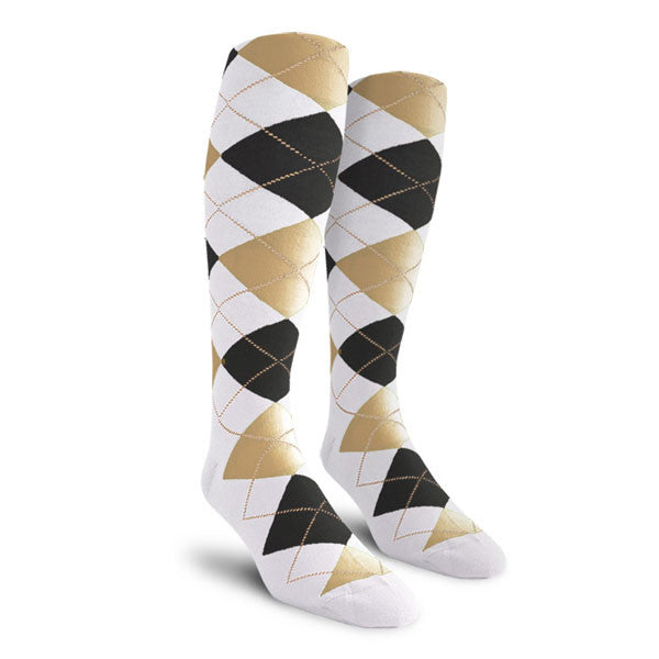 Golf Knickers: Ladies Over-The-Calf Argyle Socks - White/Black/Khaki
