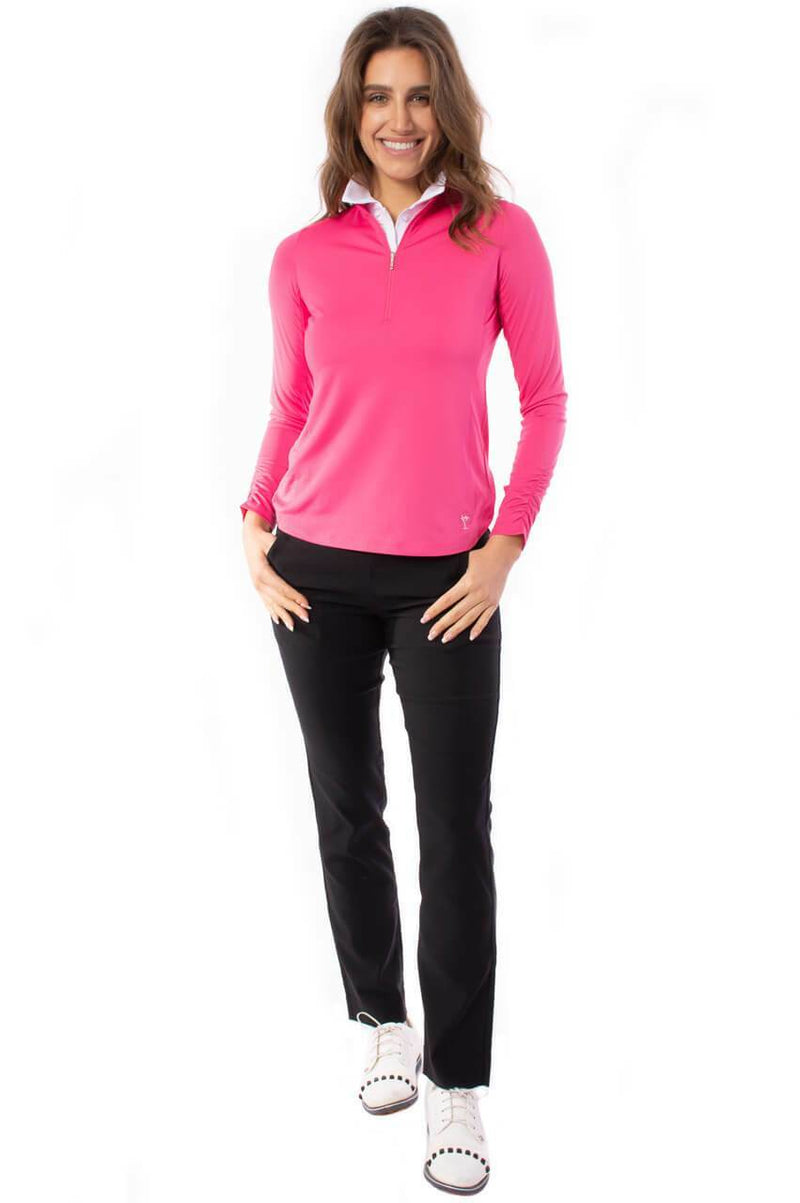 Golftini: Women's Long Sleeve Zip Mock Stretch Polo - Hot Pink