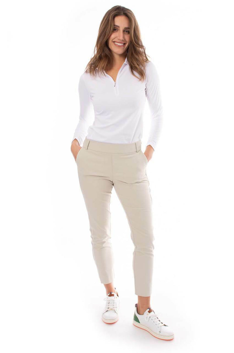 Golftini: Women's Khaki with White Stripe Pull-On Stretch Ankle Pant