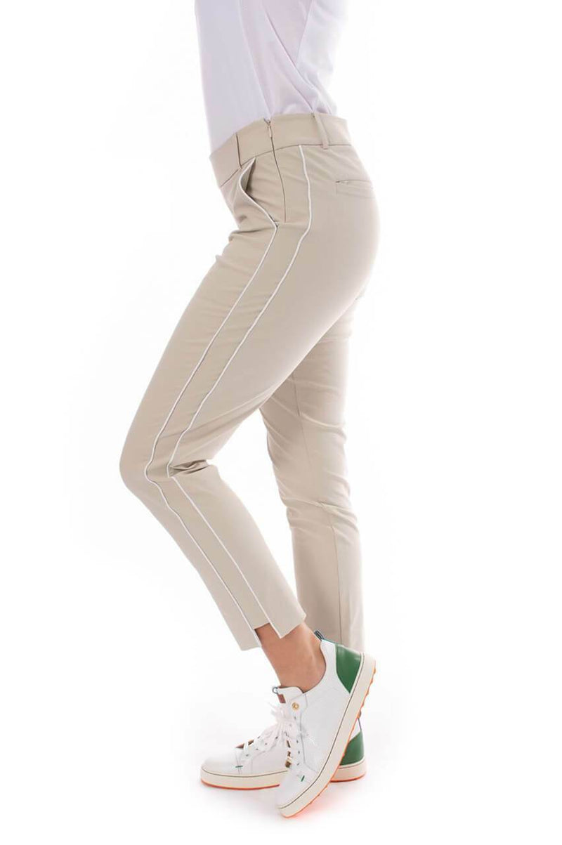 Women's Khaki with White Stripe Pull-On Stretch Ankle Pant by Golftini