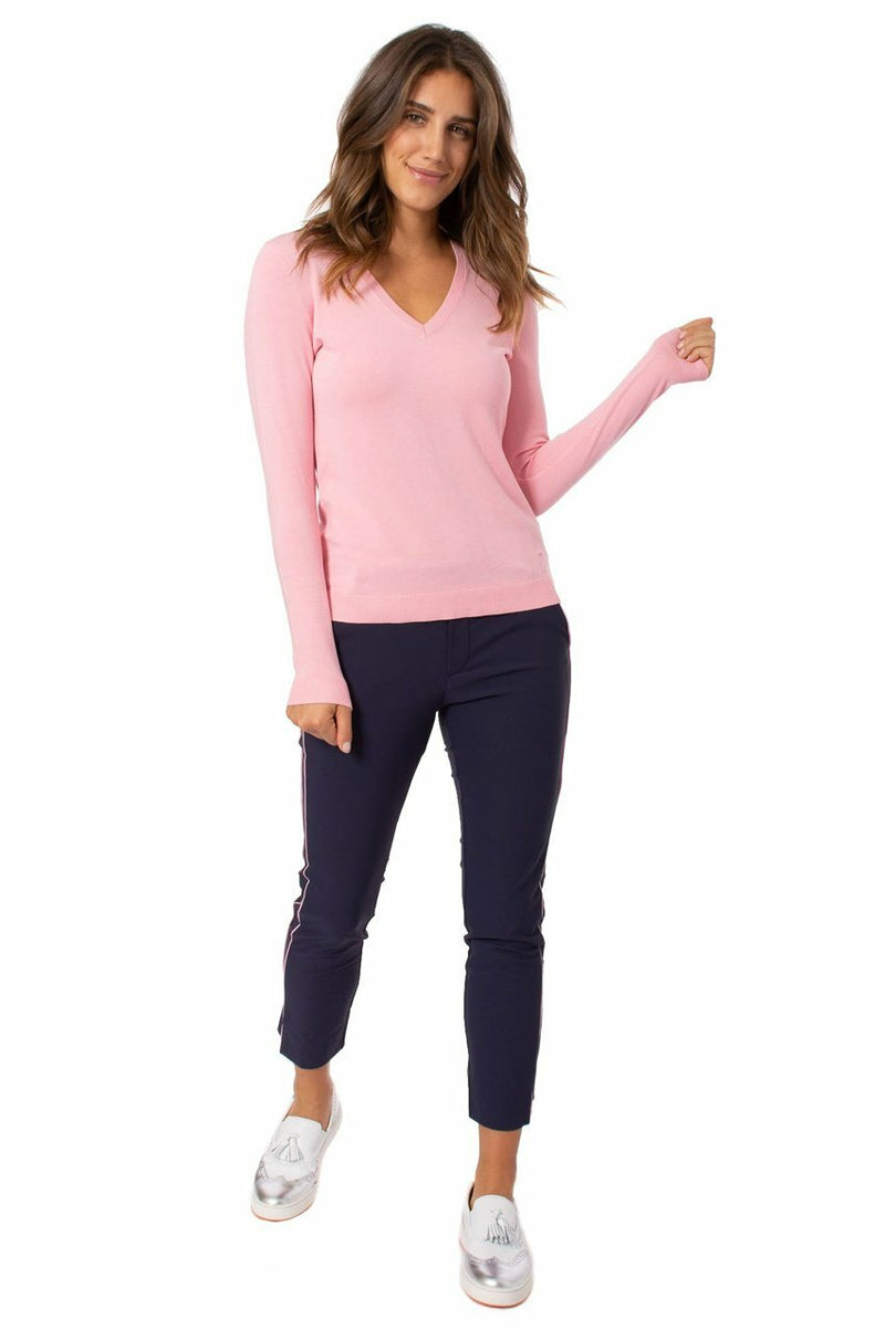 Golftini: Women's Navy with Light Pink Stripe Pull-On Stretch Ankle Pant