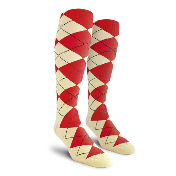 Golf Knickers: Ladies Over-The-Calf Argyle Socks - Natural/Red
