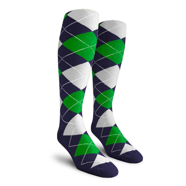 Golf Knickers: Ladies Over-The-Calf Argyle Socks - Navy/Lime/White