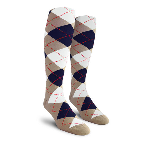 Golf Knickers: Ladies Over-The-Calf Argyle Socks - Taupe/Navy/White