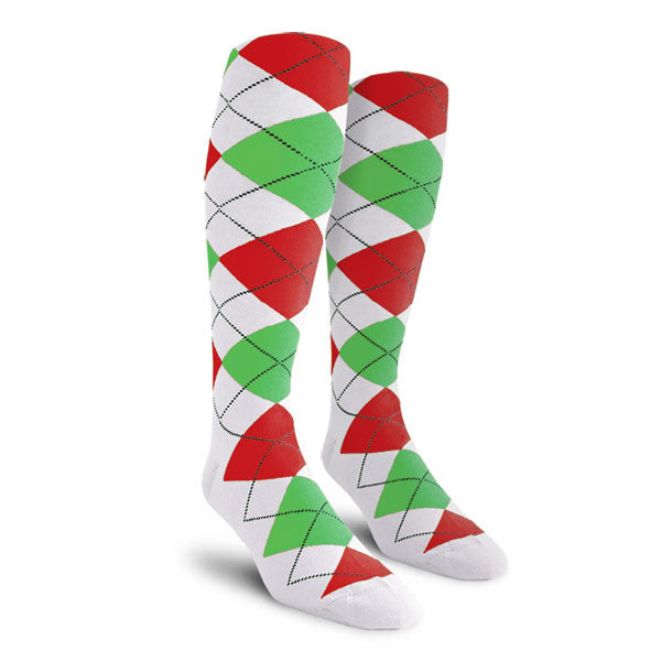 Golf Knickers: Ladies Over-The-Calf Argyle Socks - White/Lime/Red