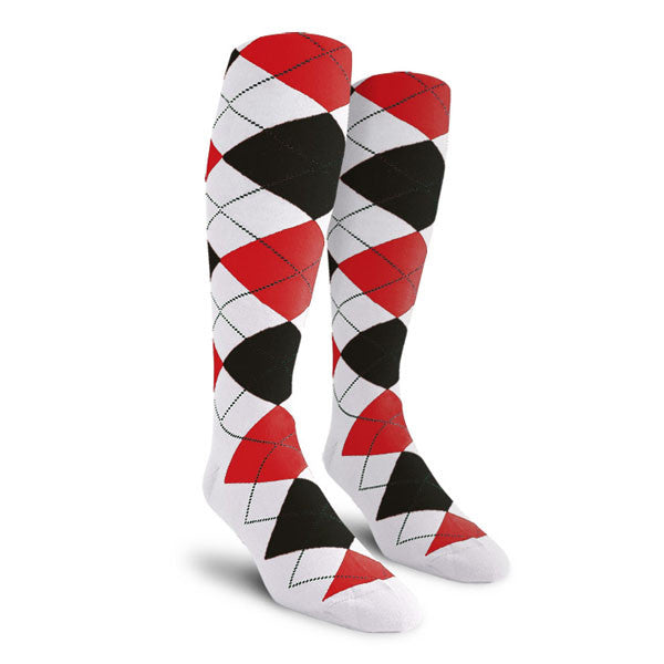 Golf Knickers: Ladies Over-The-Calf Argyle Socks - White/Black/Red