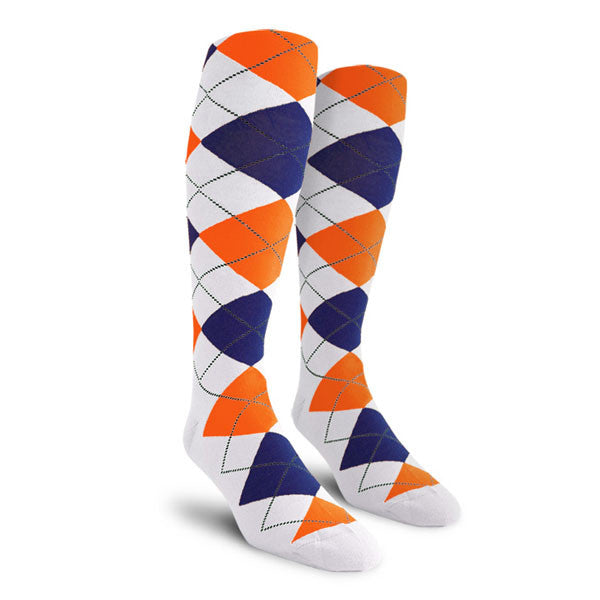 Golf Knickers: Ladies Over-The-Calf Argyle Socks - White/Royal/Orange