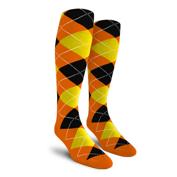 Golf Knickers: Ladies Over-The-Calf Argyle Socks - Orange/Yellow/Black