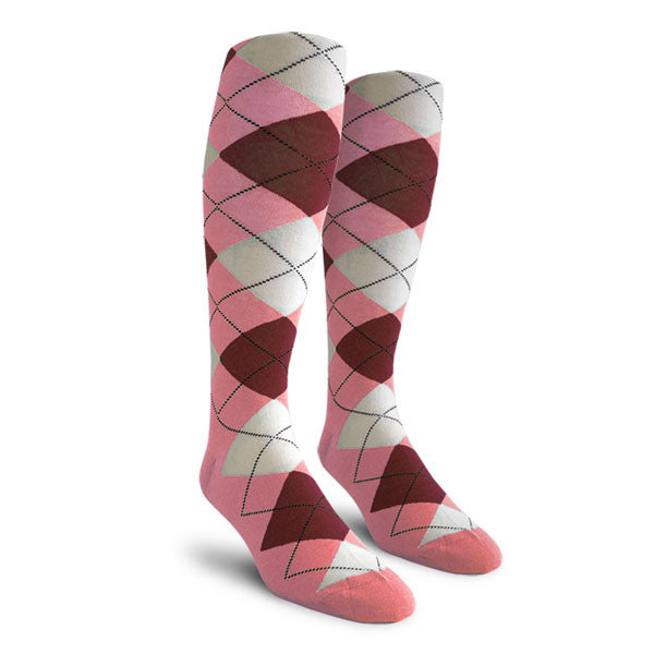 Golf Knickers: Ladies Over-The-Calf Argyle Socks - Pink/Maroon/White