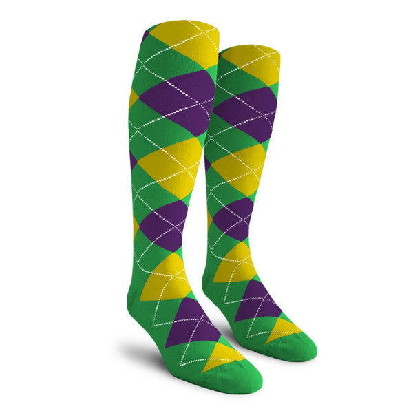 Golf Knickers: Men's Over-The-Calf Argyle Socks - Lime/Purple/Yellow