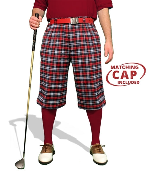 red, marron, navy plaid golf knicker